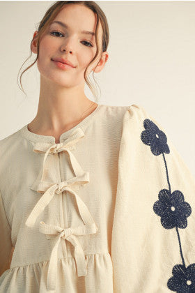 Floral Embroidered 3/4 Puff Sleeves