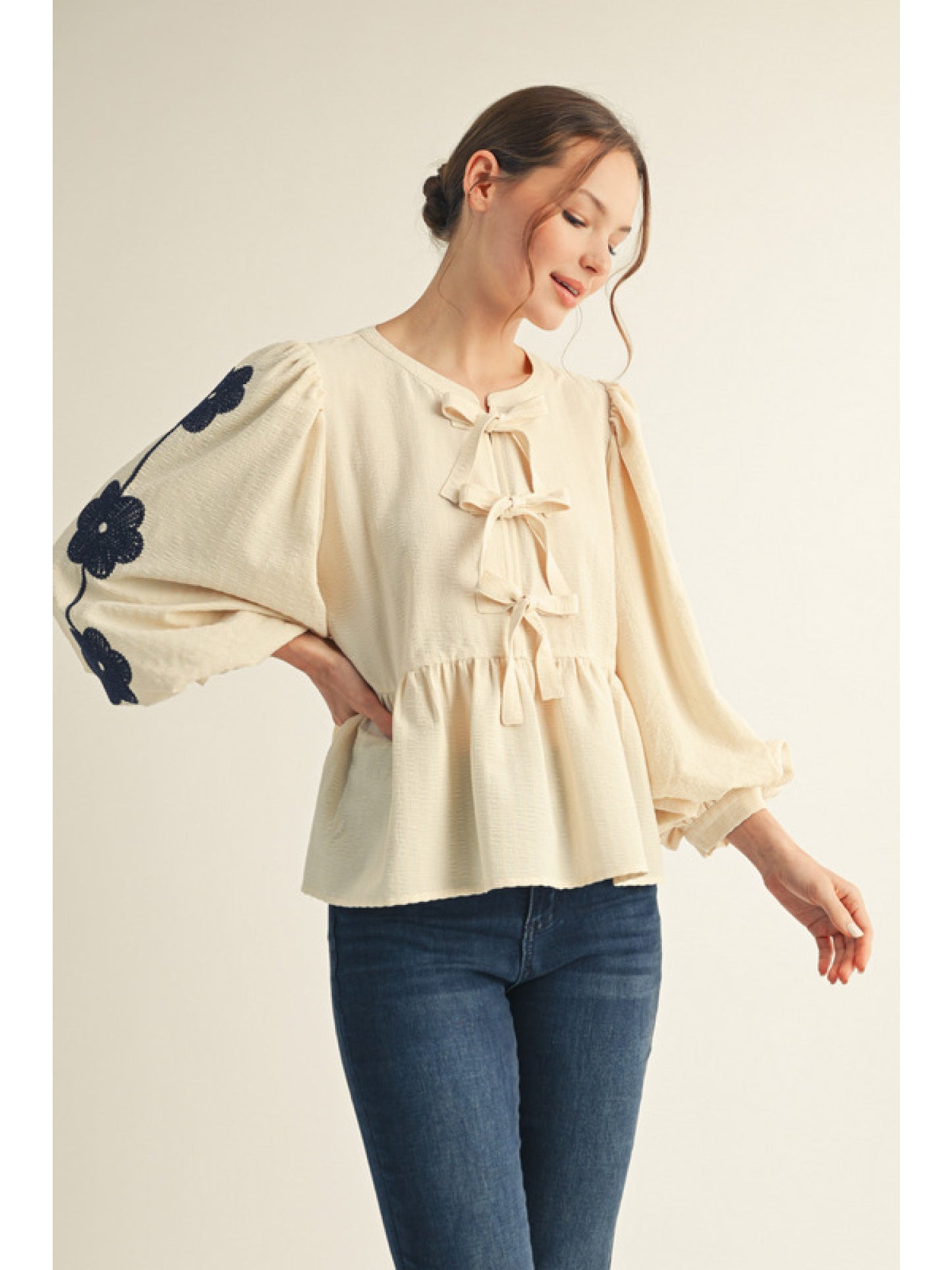 Floral Embroidered 3/4 Puff Sleeves