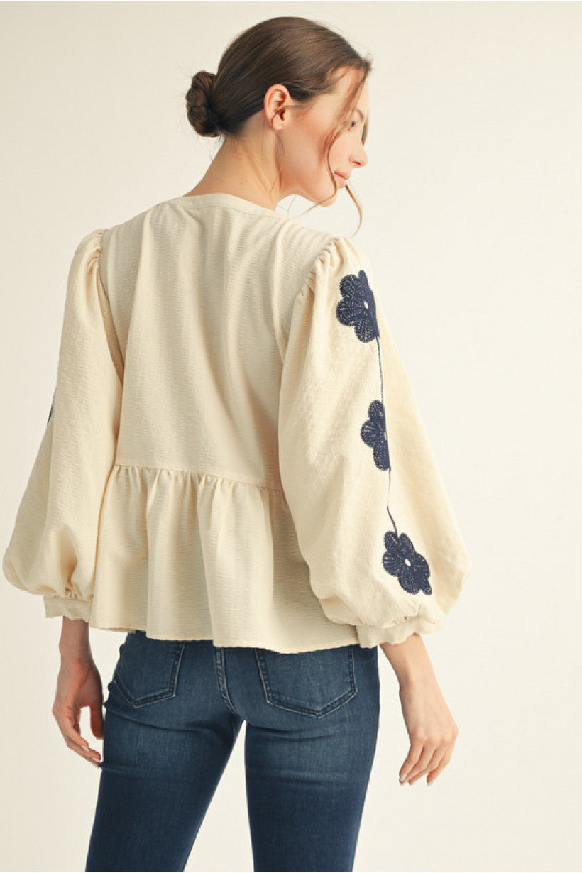 Floral Embroidered 3/4 Puff Sleeves