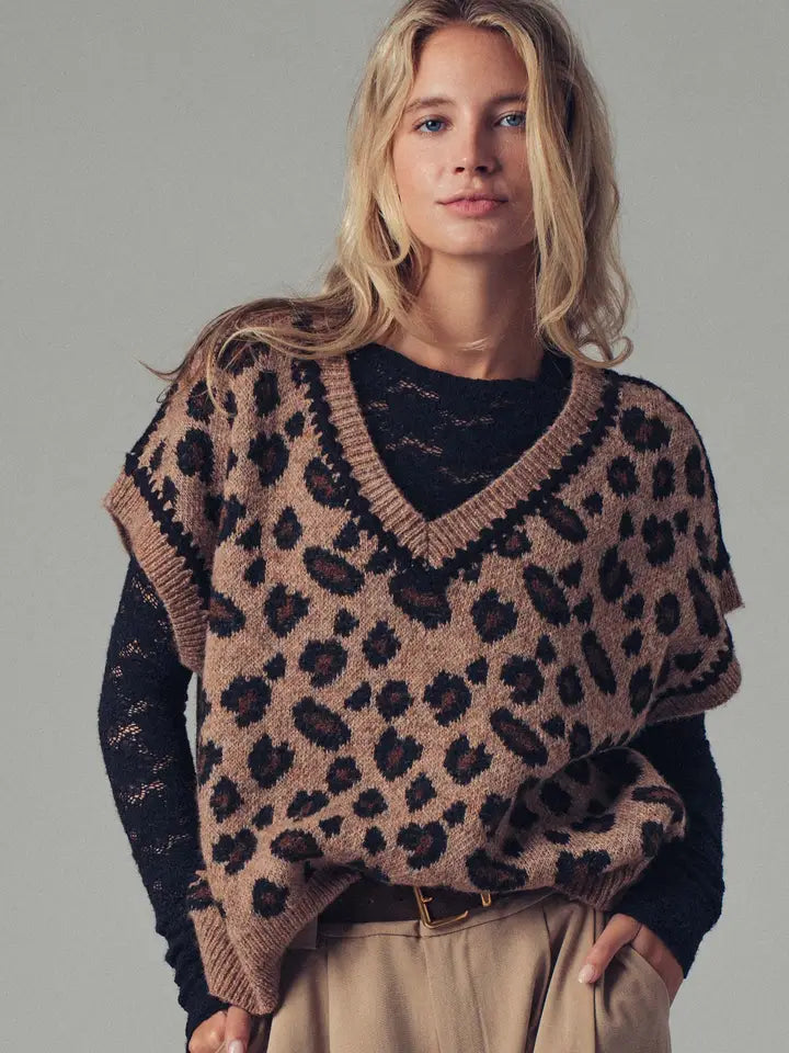 Leopard Crochet Trim Sweater Vest