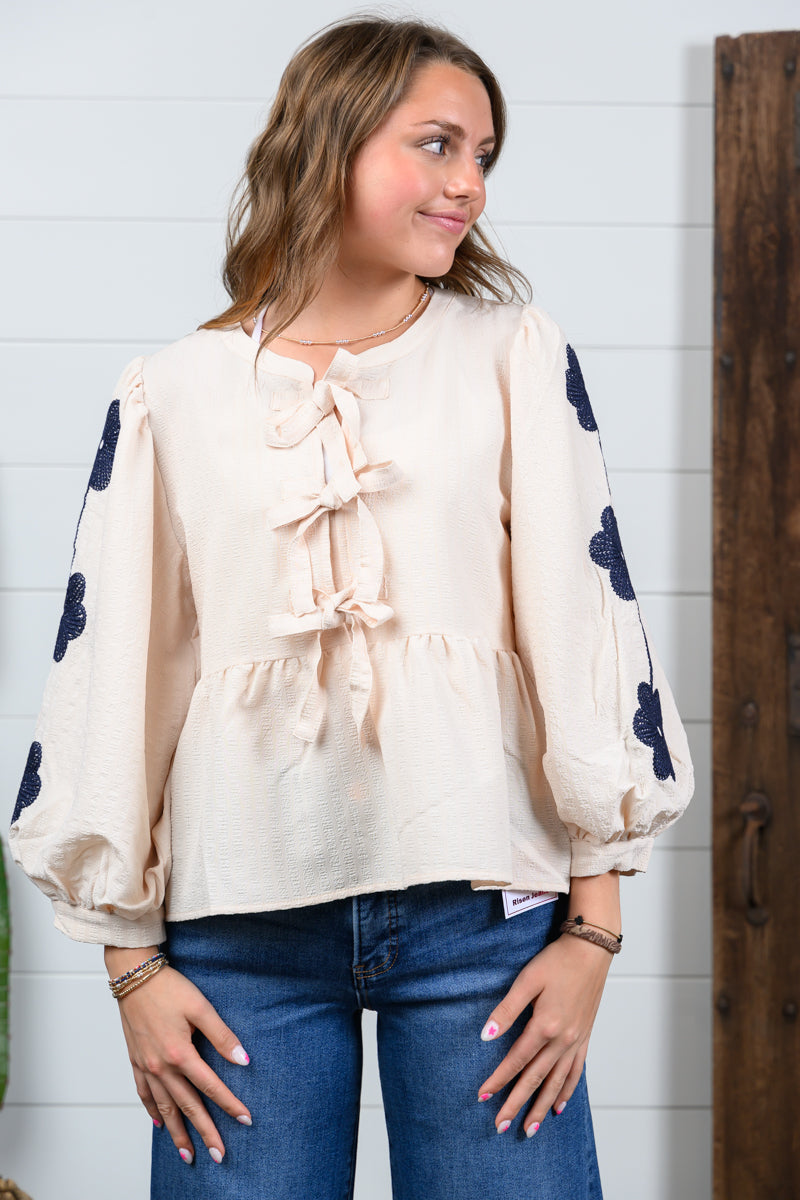 Floral Embroidered 3/4 Puff Sleeves
