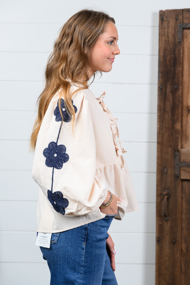 Floral Embroidered 3/4 Puff Sleeves