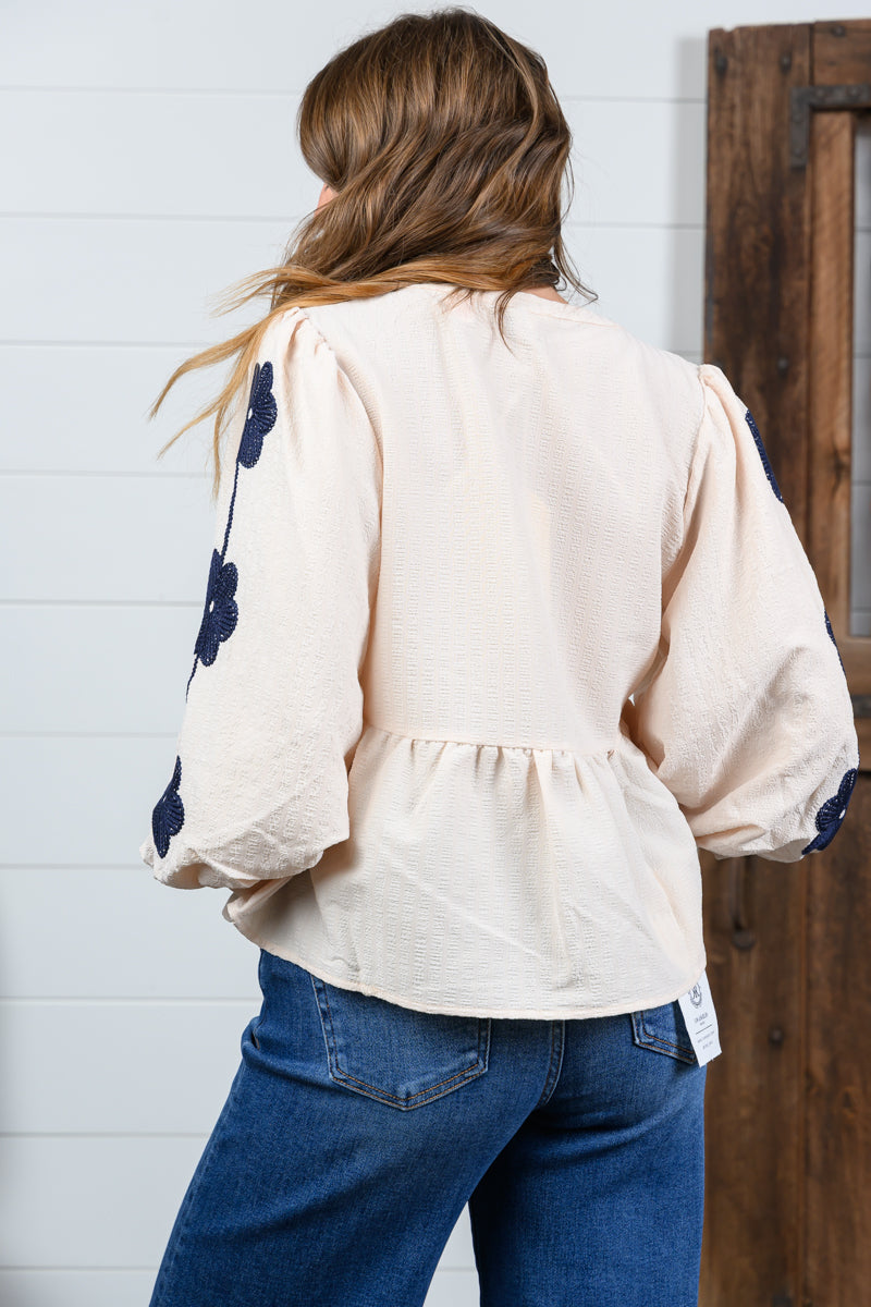 Floral Embroidered 3/4 Puff Sleeves