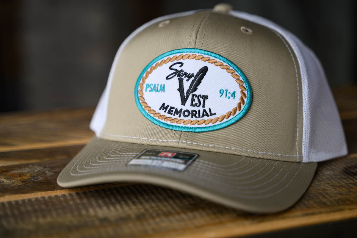 Story Vest Memorial Cap with Psalm 91:4 Patch Tan & White Mesh – Faith-Inspired Western Cap