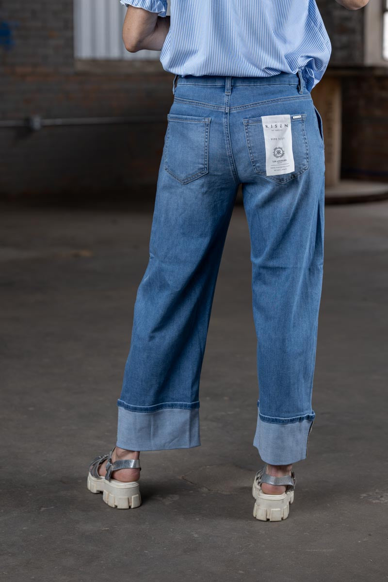 Risen Slouchy Crop Barrel Cuffed Jeans in Medium Wash Denim – Women’s Boutique Denim