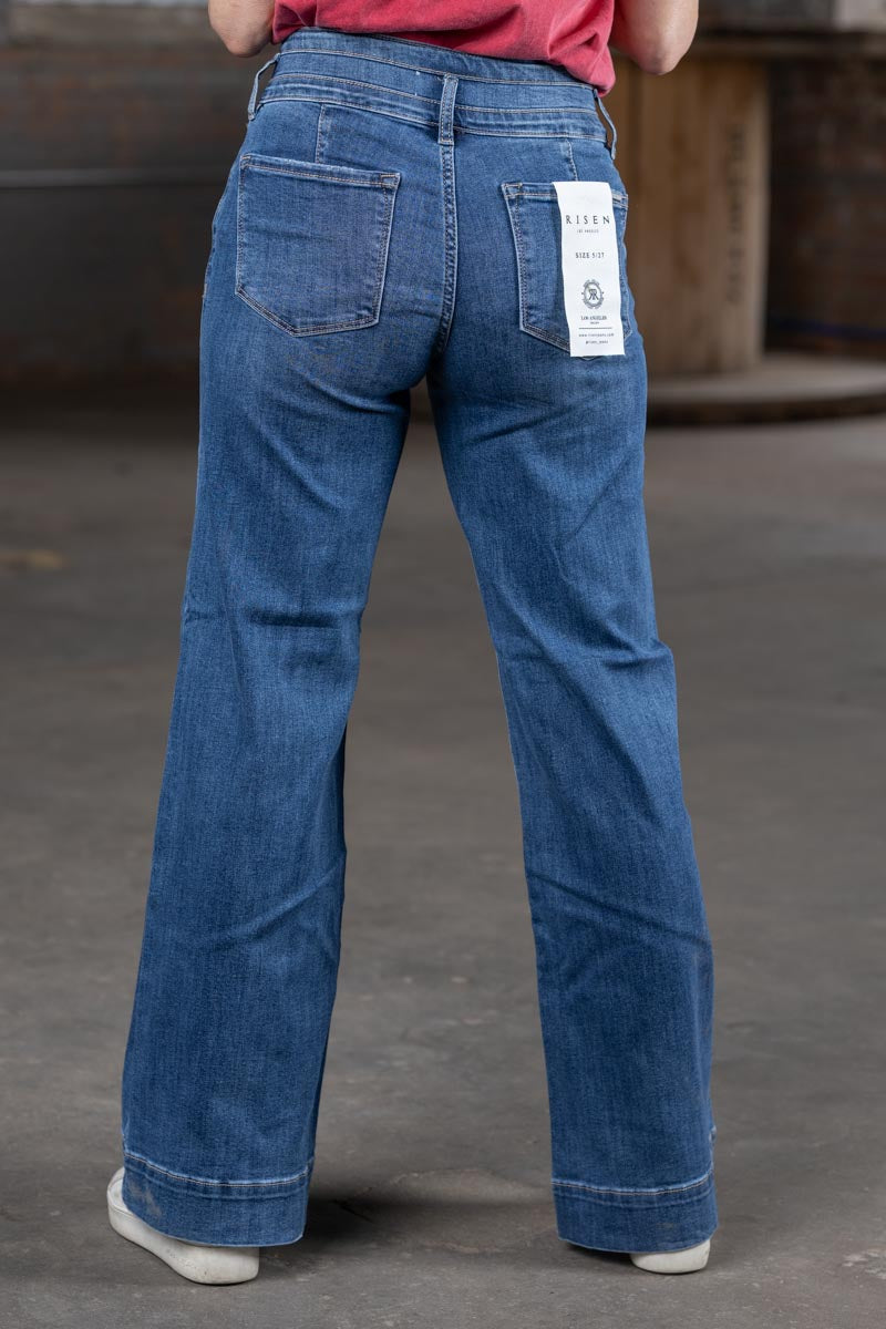 Risen High Rise Wide Leg Detail Jeans in Dark Wash – Women’s Boutique Denim