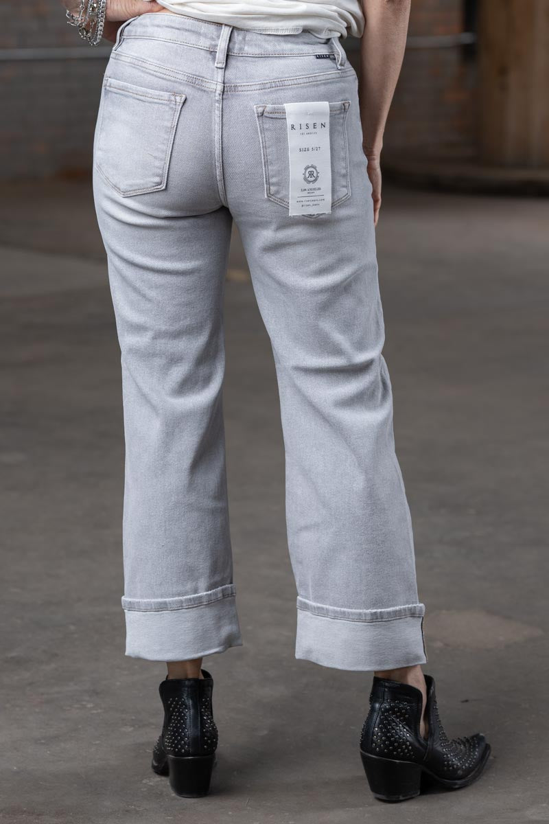 Risen Mid Rise Crop Straight Cuffed Jeans in Light Gray – Women’s Boutique Denim