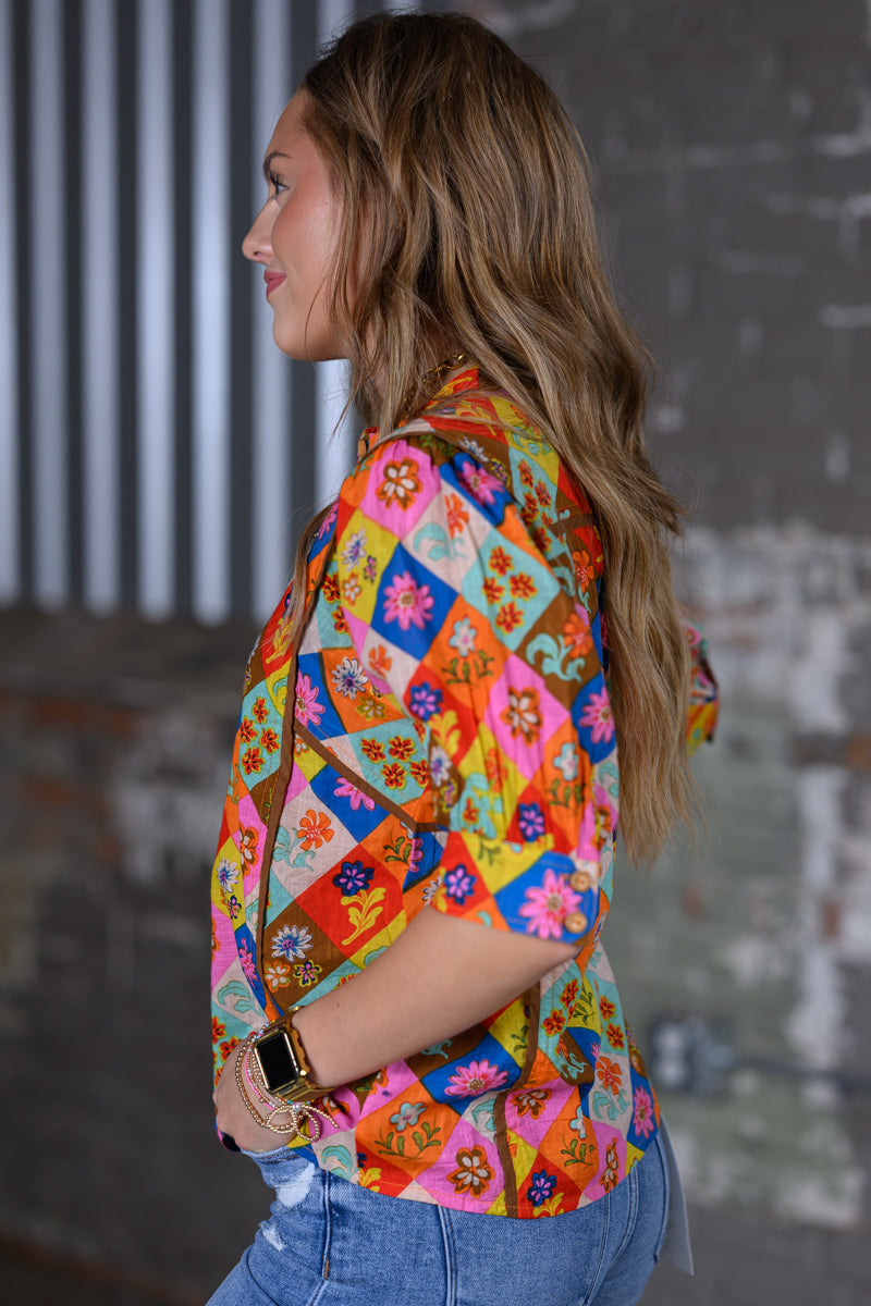 Ivy Jane Block Patch Floral Top – Multi-Color Women's Boutique Blouse