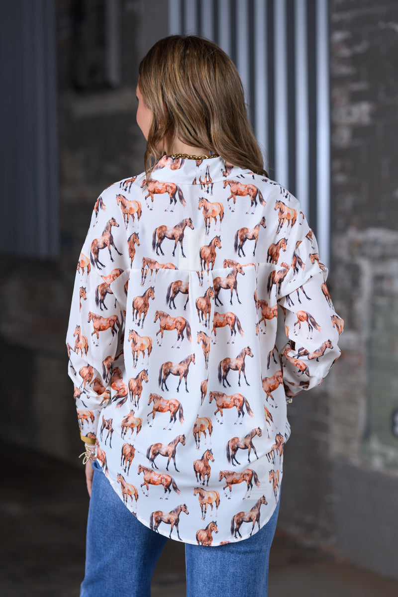 Kathryn Classic Button-Up Blouse Horse Print