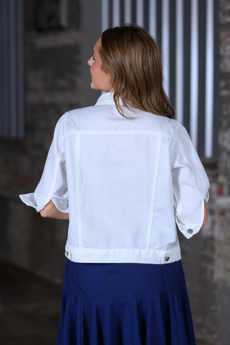 ShieldChic Women's White Trucker Denim Jacket – Cropped 3/4 Sleeve Boutique Jacket