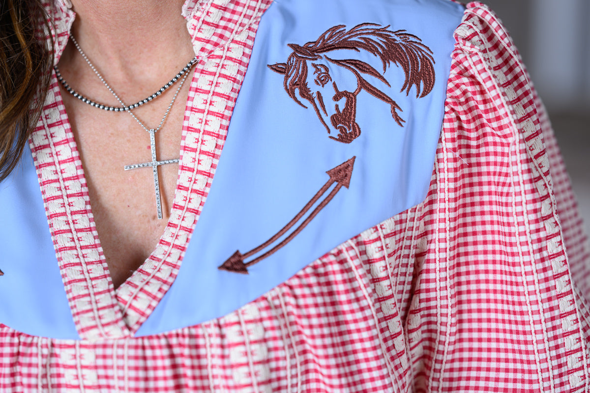Western Pony Embroidered Gingham Blouse