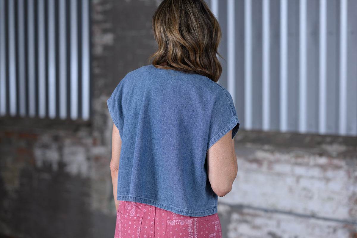 Miou Muse Denim Tie Front Blouse – Women's Boutique Denim Top