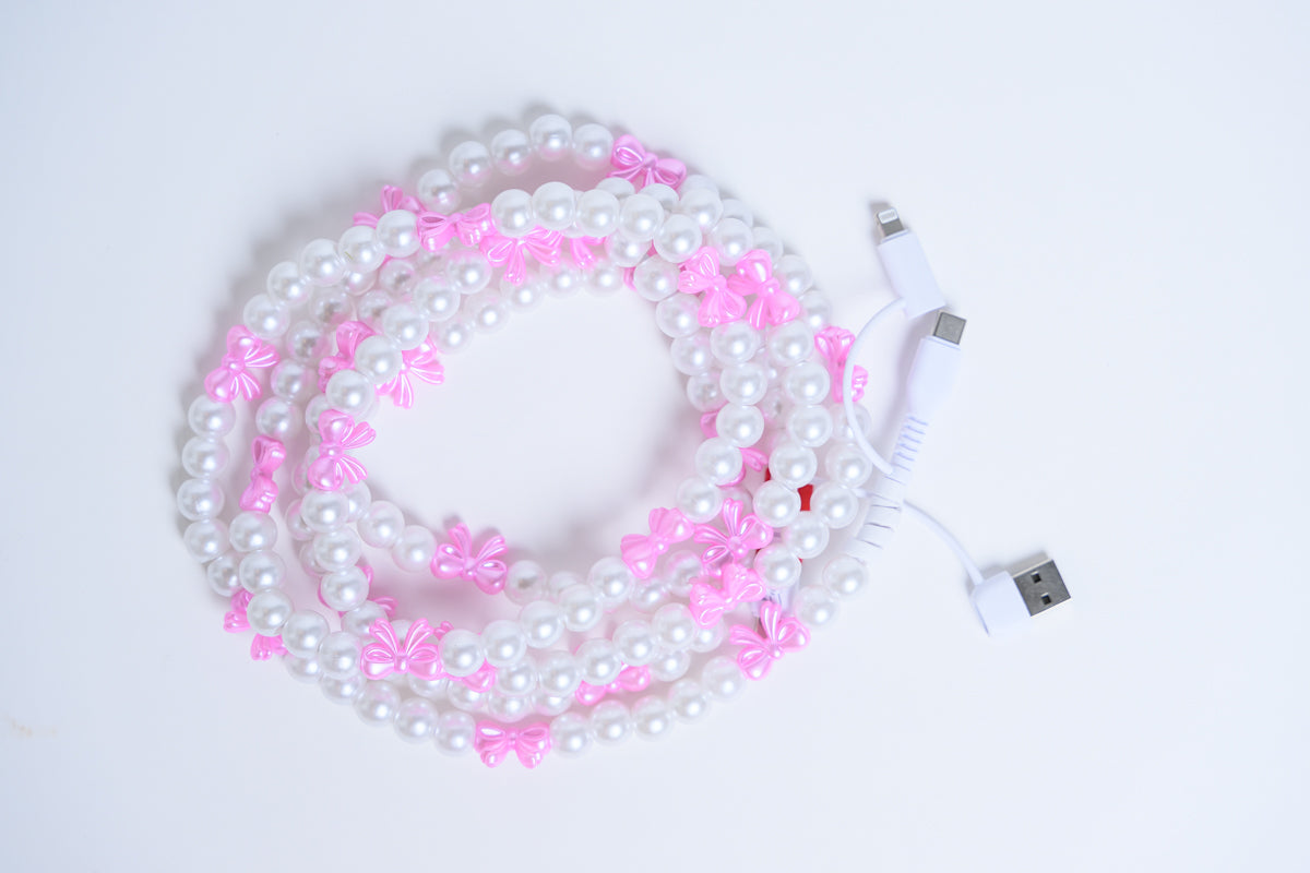 Erimish Beaded & Bow Pink & White Phone Charger – Chic Portable Power Bank
