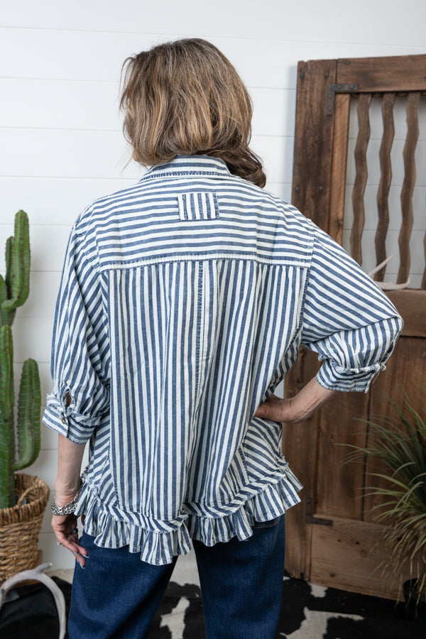 Denim Striped Button 3/4 Sleeve