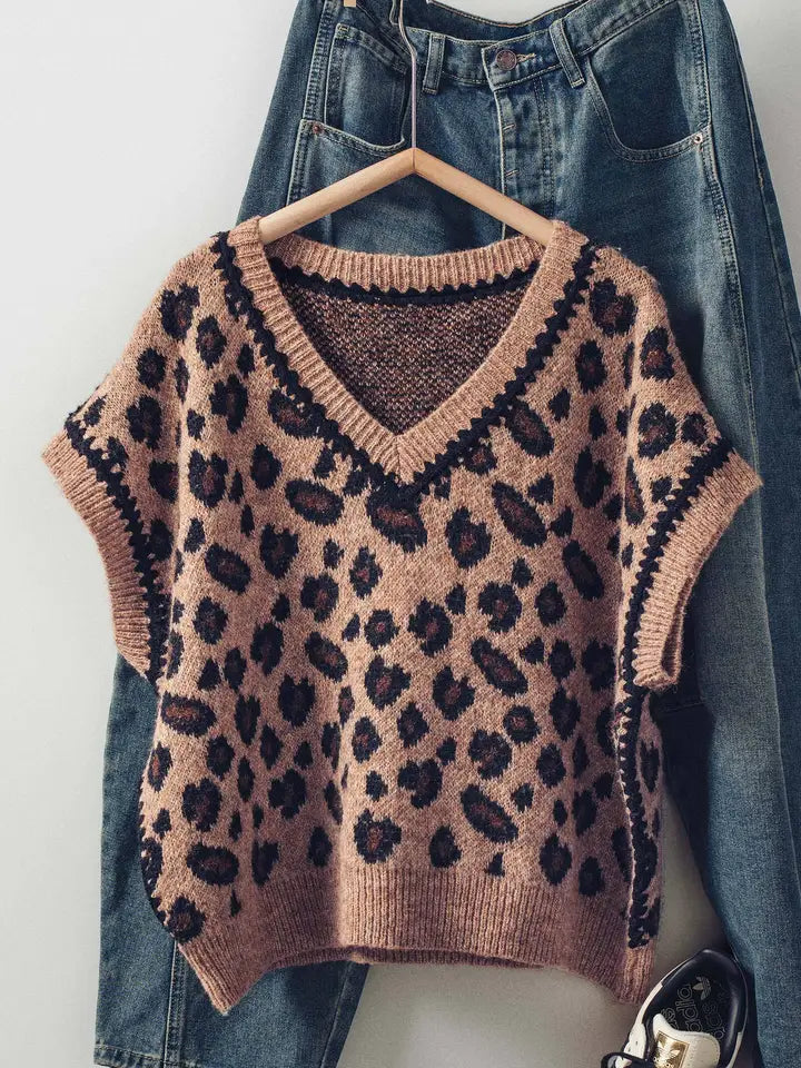 Leopard Crochet Trim Sweater Vest