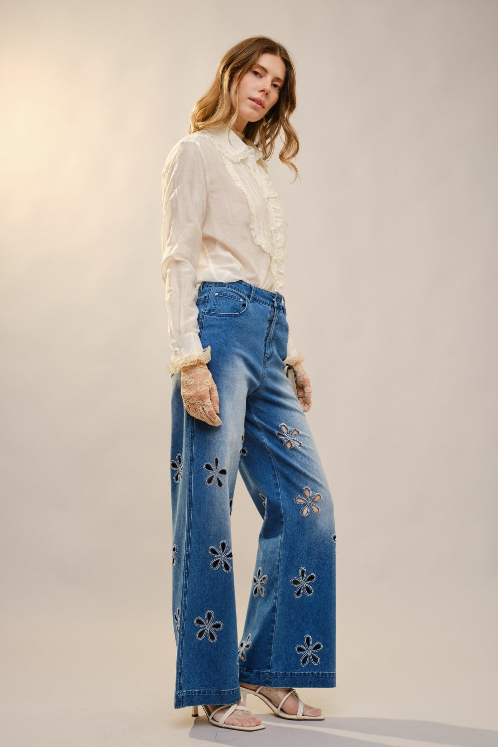 Ruffle Pleated Pearl Button Blouse