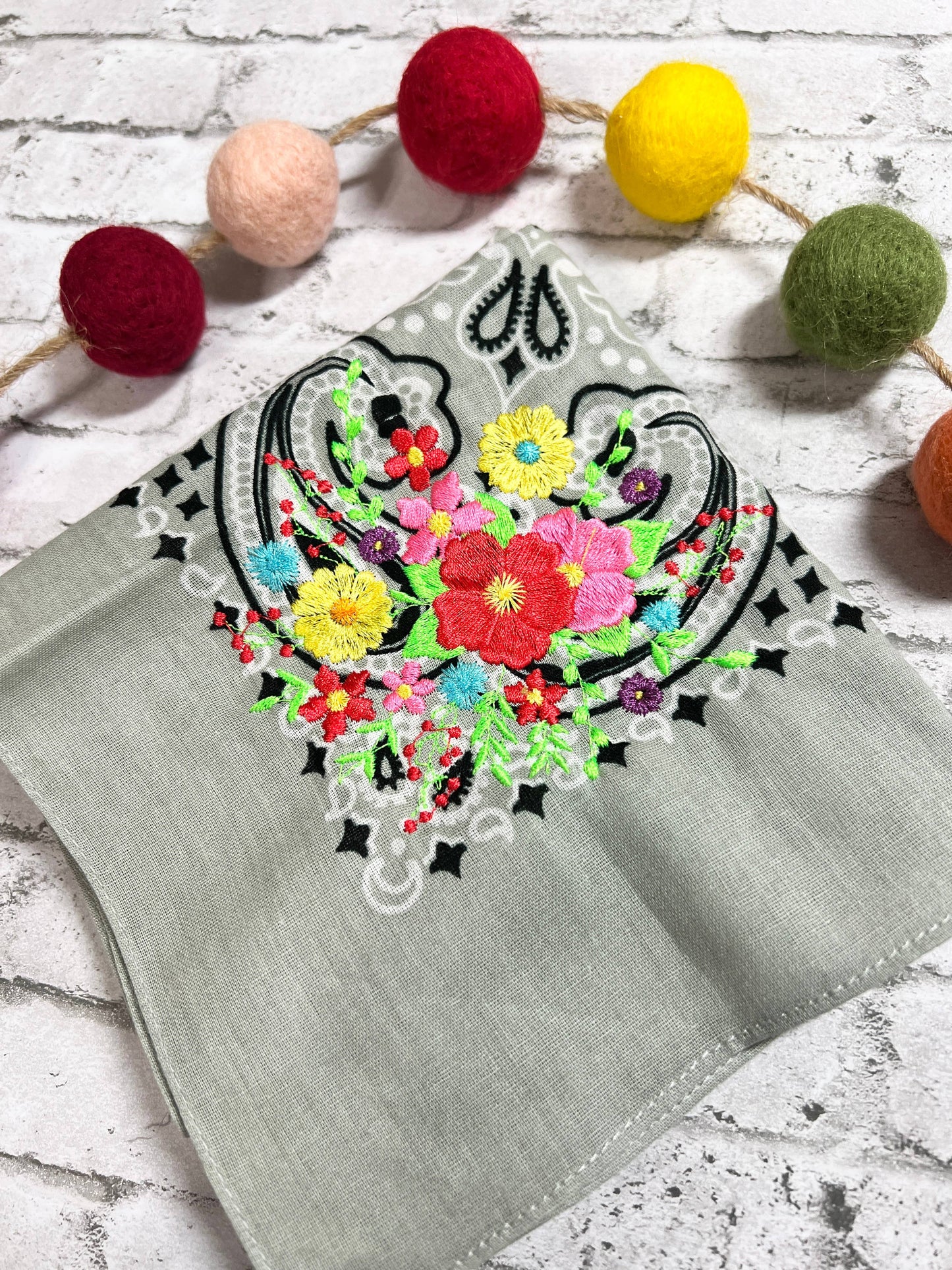 Floral Bouquet Bandana: Grey