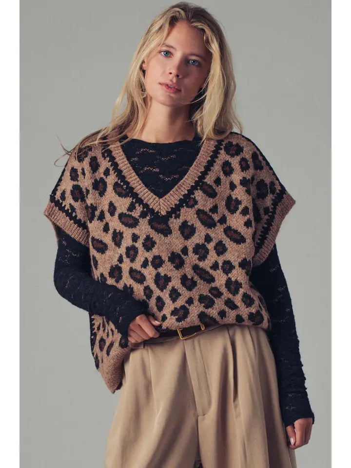 Leopard Crochet Trim Sweater Vest