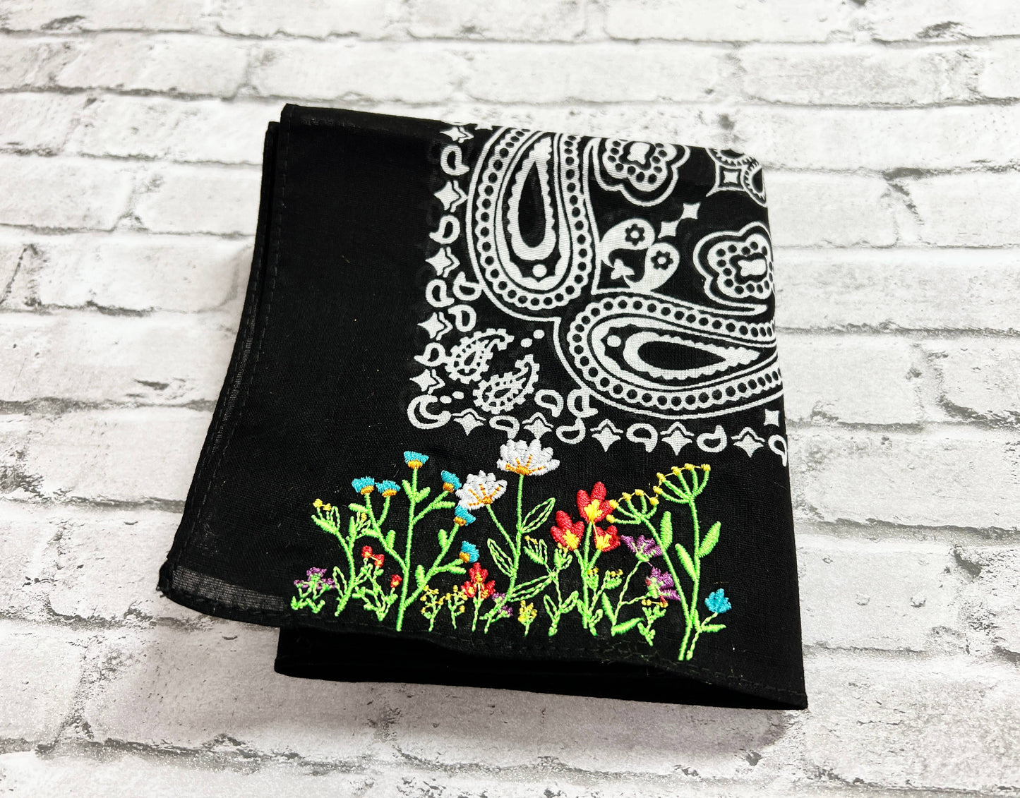 Wildflowers Embroidered Bandana: Black