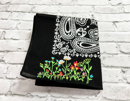 Wildflowers Embroidered Bandana: Black
