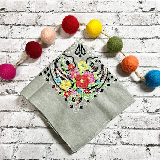 Floral Bouquet Bandana: Grey