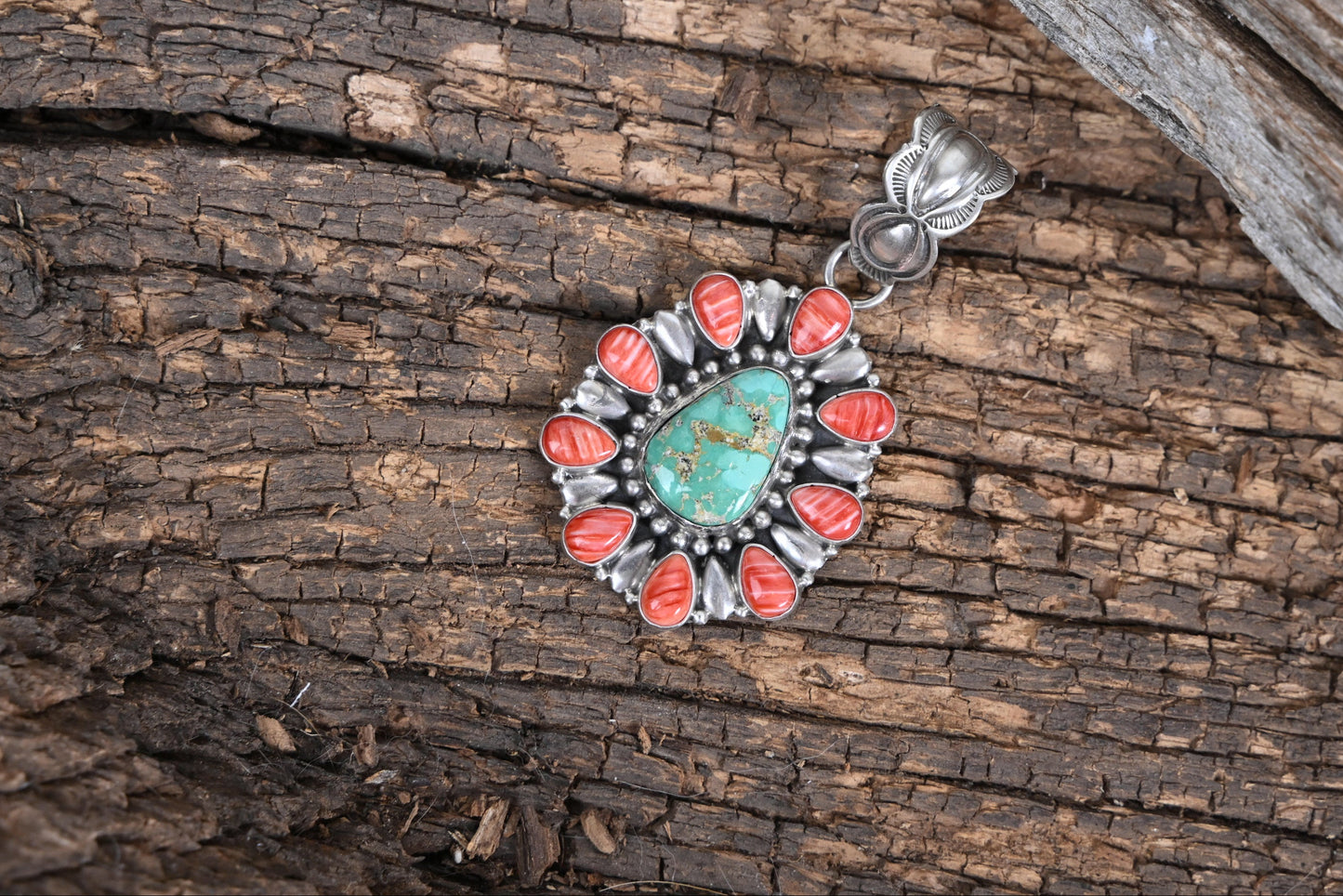 Turquoise & Coral Cluster Pendant – Sterling Silver