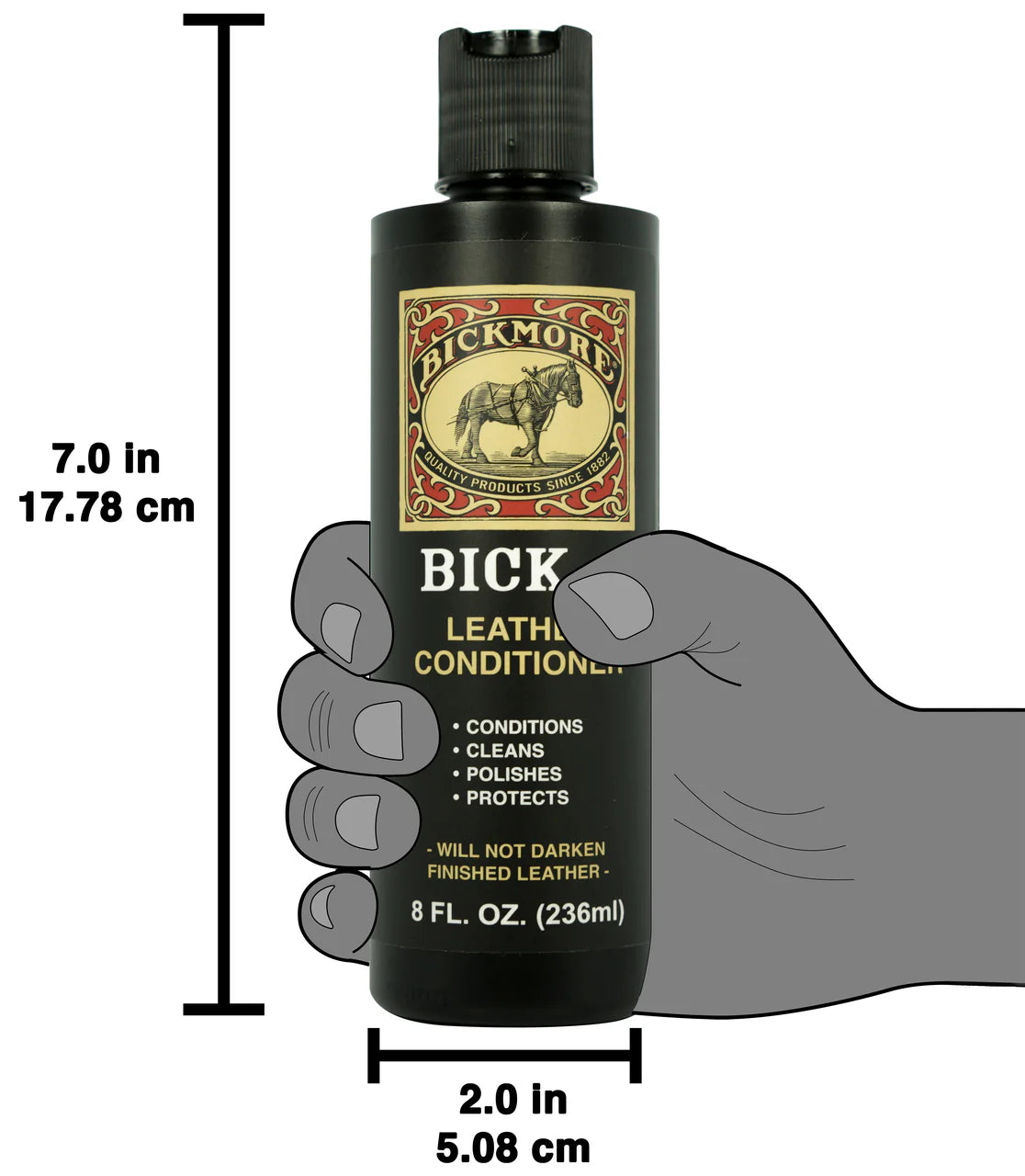 Bickmore leather conditioner bottle with dimensions and a hand holding it for scale.