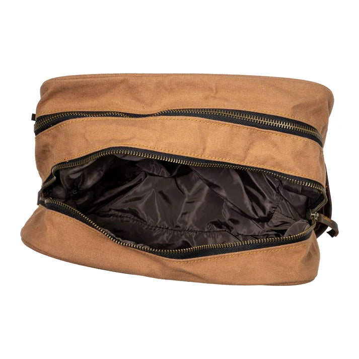 Brown leather bag with open zipper on a white background