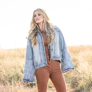 DORI DENIM JACKET W/ AZTEC EMB BELL SLEEVES