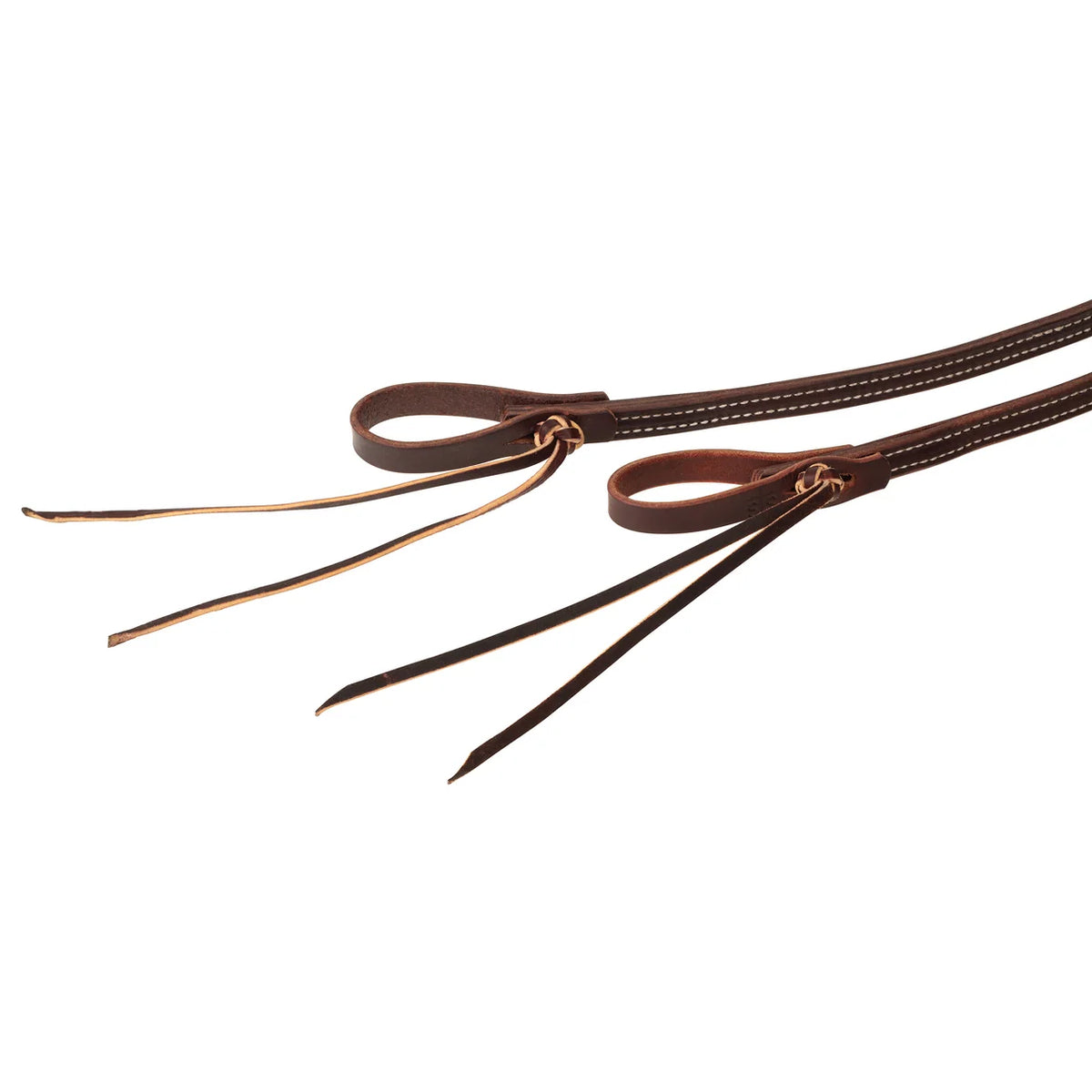 STS Ranch Signature Tack Latigo Leather Split Rein, Pineapple Knot, 1/2" x 8' on white background close up