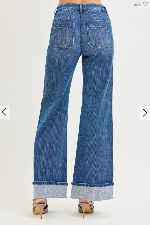 Mid-Rise Wide Leg Cuffed Jeans
