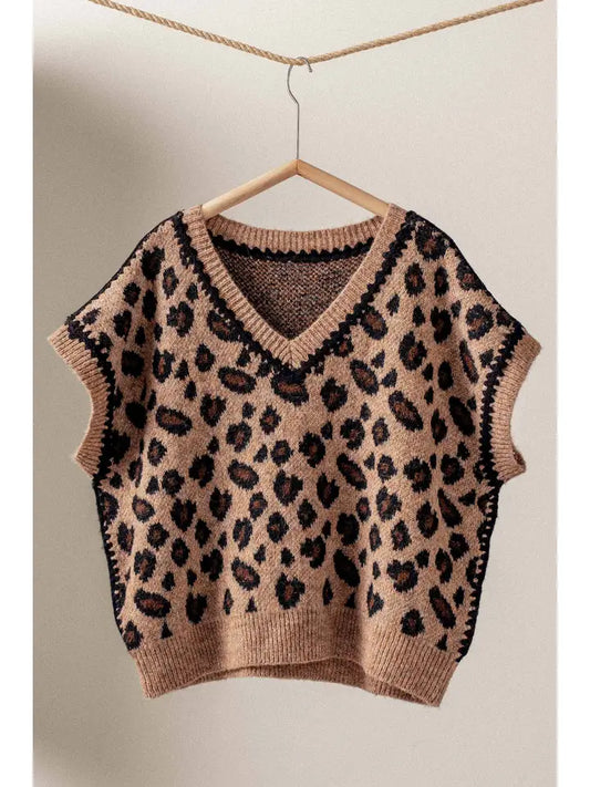 Leopard Crochet Trim Sweater Vest