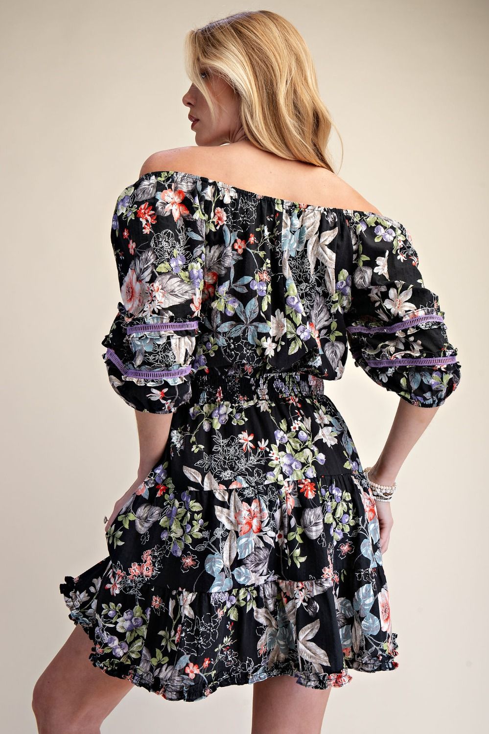Easel Clothing Black Floral Printed Cotton Dress – Women's Bubble Sleeve Midi Dress