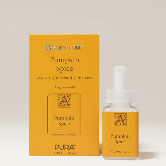 A Pura Aromatique Pumpkin Spice fragrance refill set, featuring a yellow-orange box and a matching dropper bottle with a white cap, set against a neutral beige background.