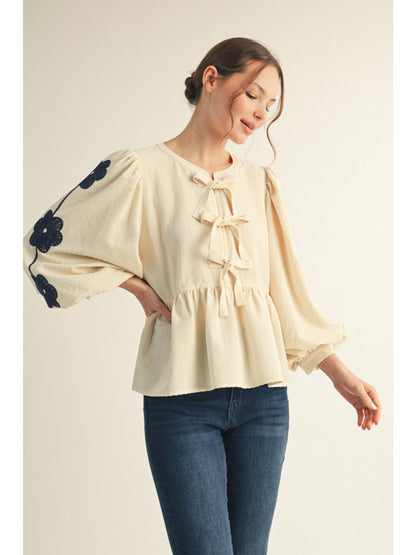 Floral Embroidered 3/4 Puff Sleeves