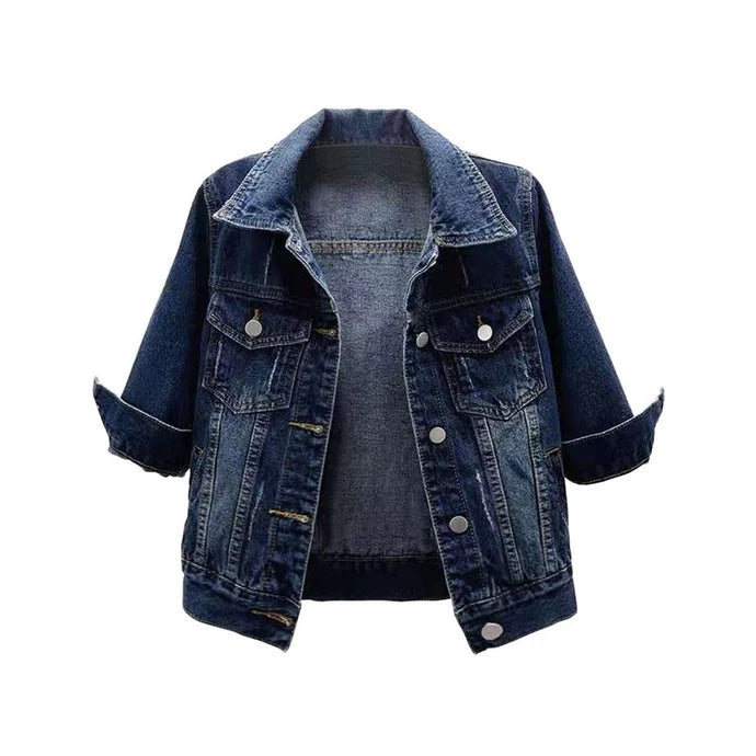 ShieldChic Women's Light Wash Trucker Denim Jacket – Short 3/4 Sleeve Boutique Jacket