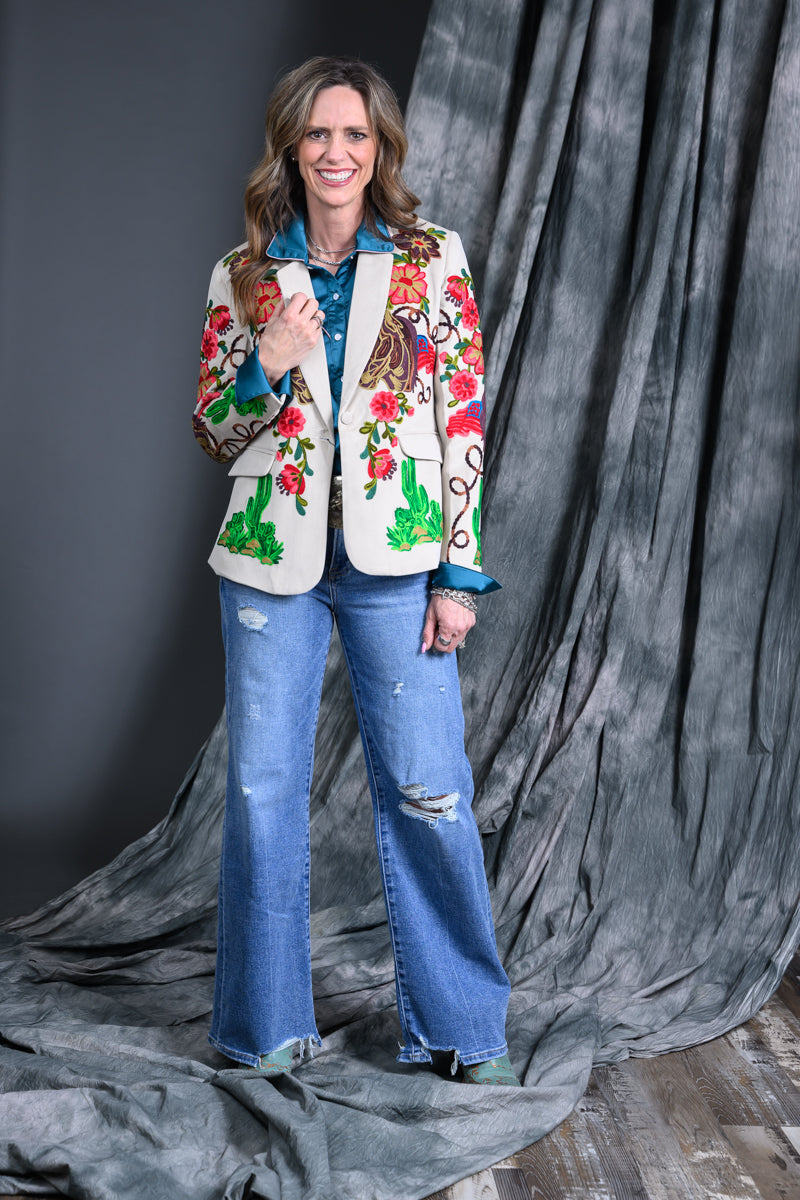Western Chain Stitch Cactus Blazer
