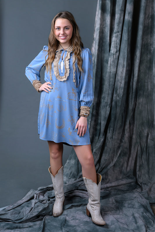 Western Graphic Ruffle Tie Waist Mini Dress