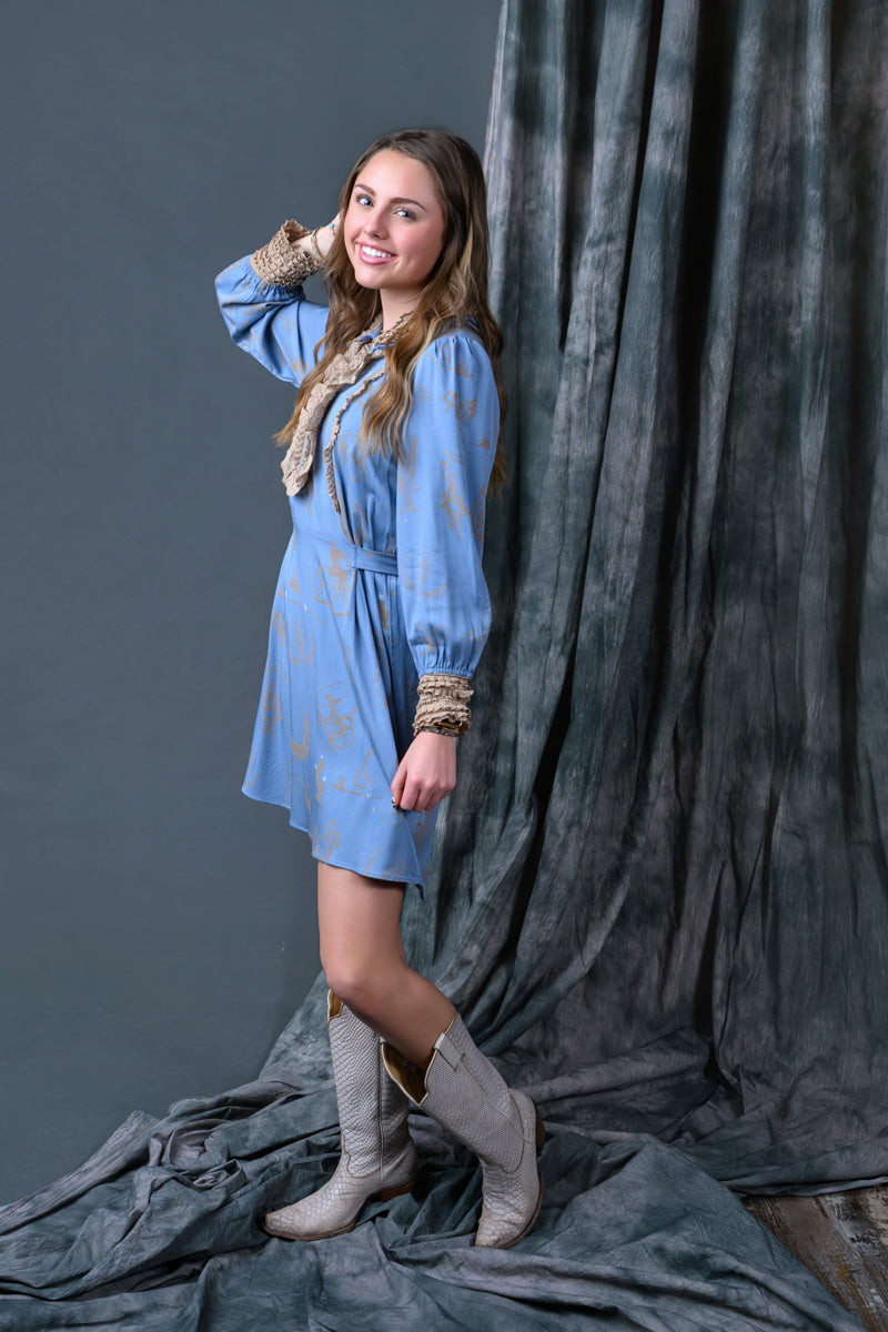 Western Graphic Ruffle Tie Waist Mini Dress