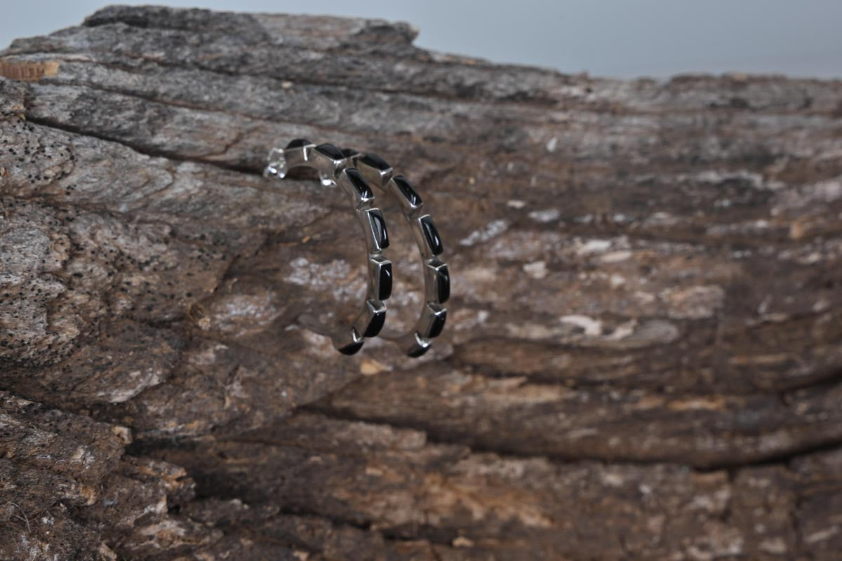 SS Black Stone Half-Hoop Earrings