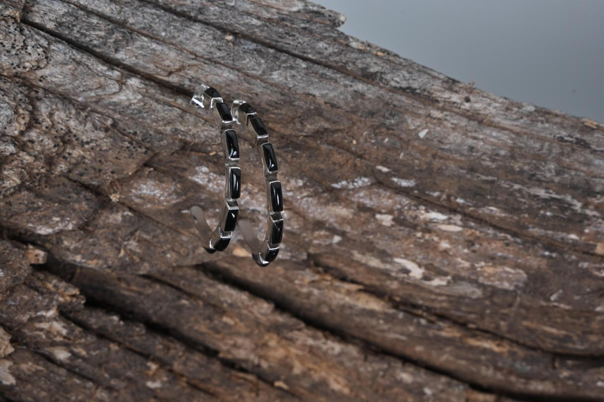 SS Black Stone Half-Hoop Earrings