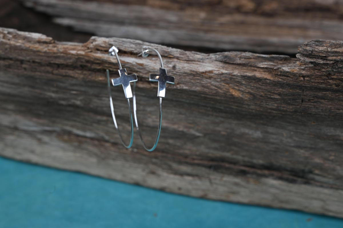 SS Large Cross Hoop Earrings