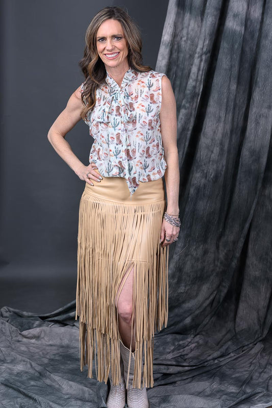 Faux Leather Tiered Fringe Maxi Skirt