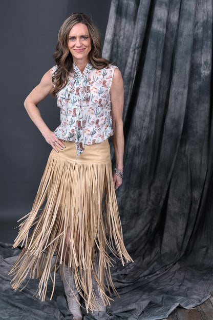 Faux Leather Tiered Fringe Maxi Skirt