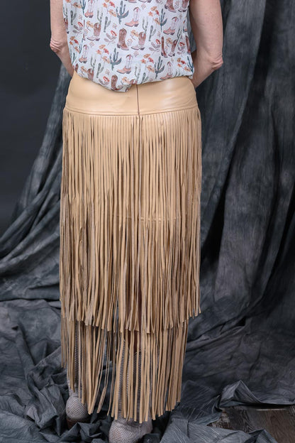 Faux Leather Tiered Fringe Maxi Skirt