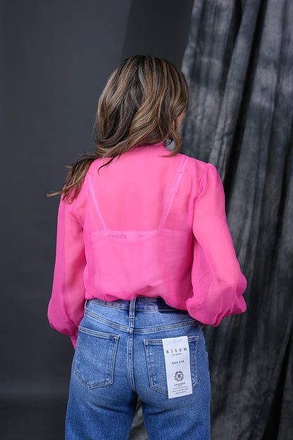 Hot Pink LS Tie Top