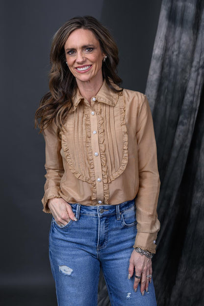 Ruffle Pleated Pearl Button Blouse