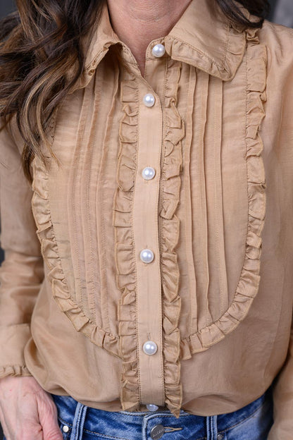 Ruffle Pleated Pearl Button Blouse