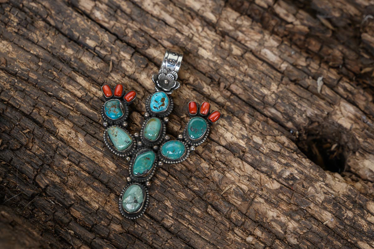 Turquoise Cactus & Coral Pendant