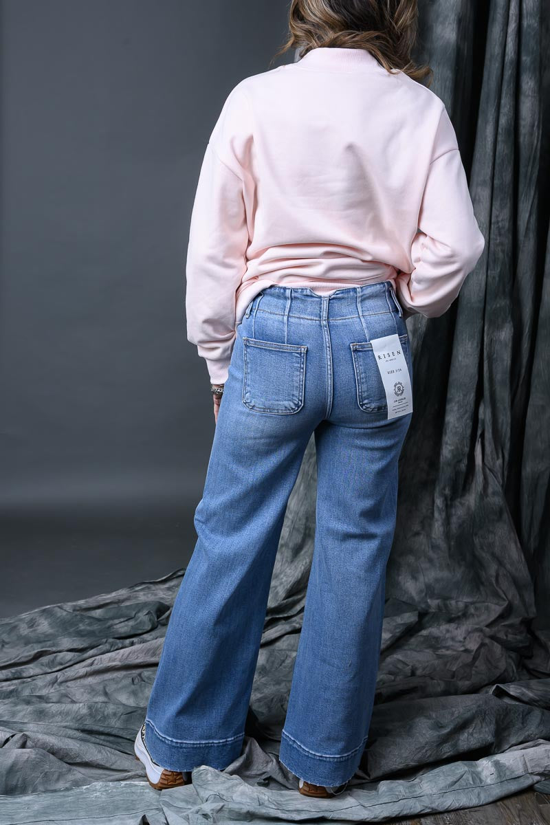 Risen High Rise Ankle Wide Seam Medium Wash Jeans